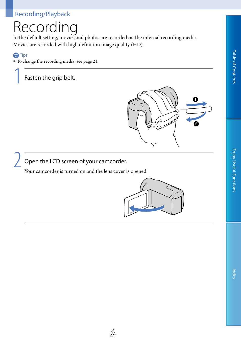 Recording/playback, Recording | Sony HDR-CX700V User Manual | Page 24 / 128