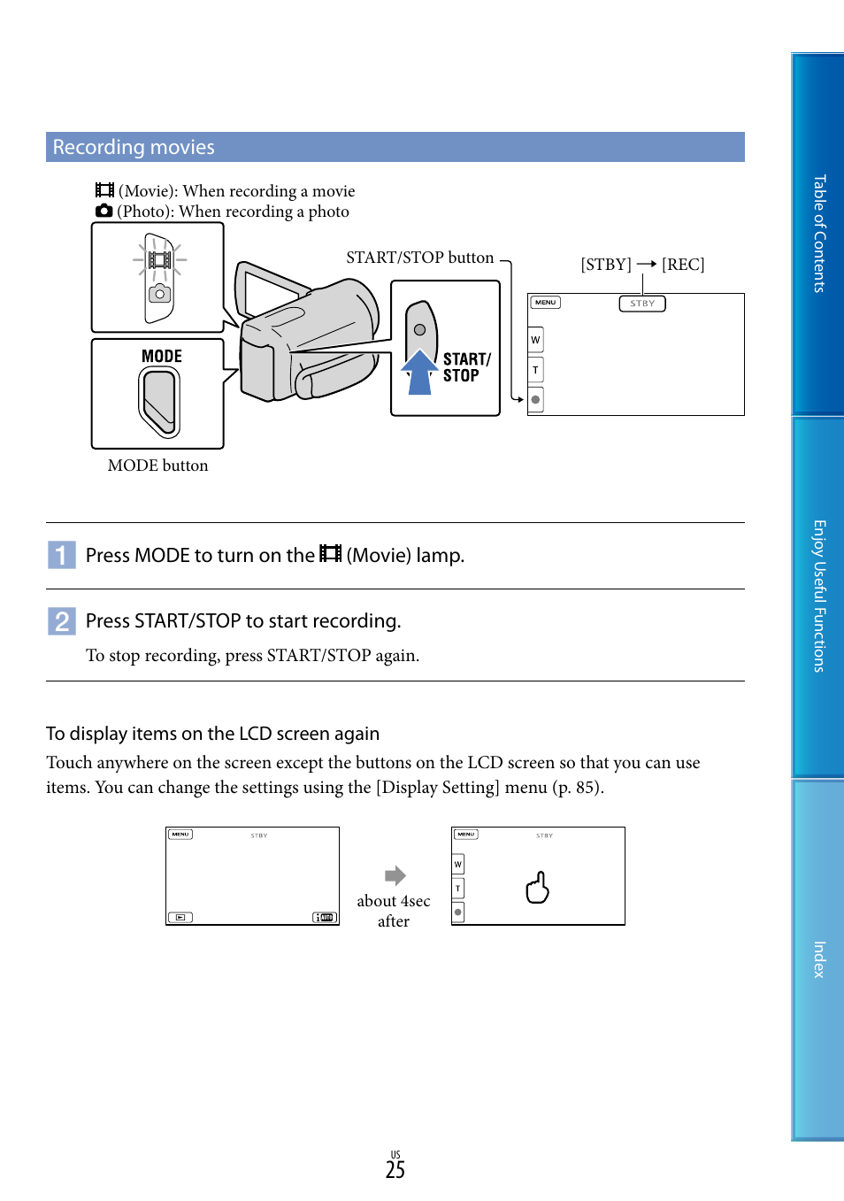 Recording movies | Sony HDR-CX700V User Manual | Page 25 / 128