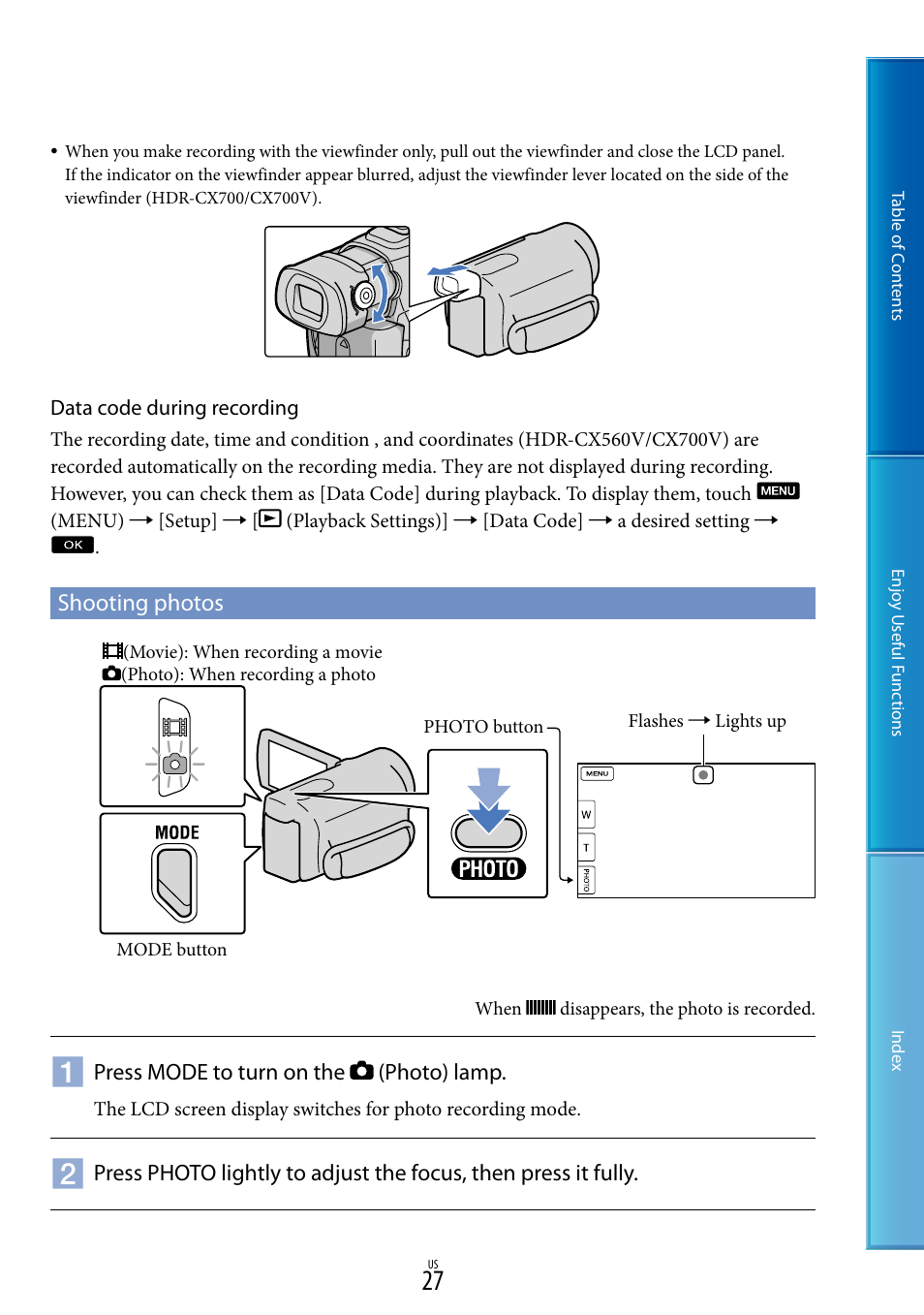 Shooting photos | Sony HDR-CX700V User Manual | Page 27 / 128
