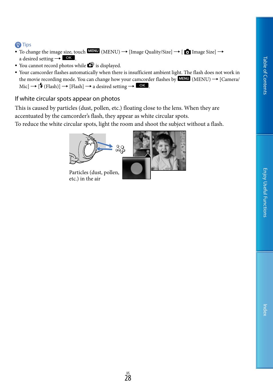 If white circular spots appear on photos | Sony HDR-CX700V User Manual | Page 28 / 128