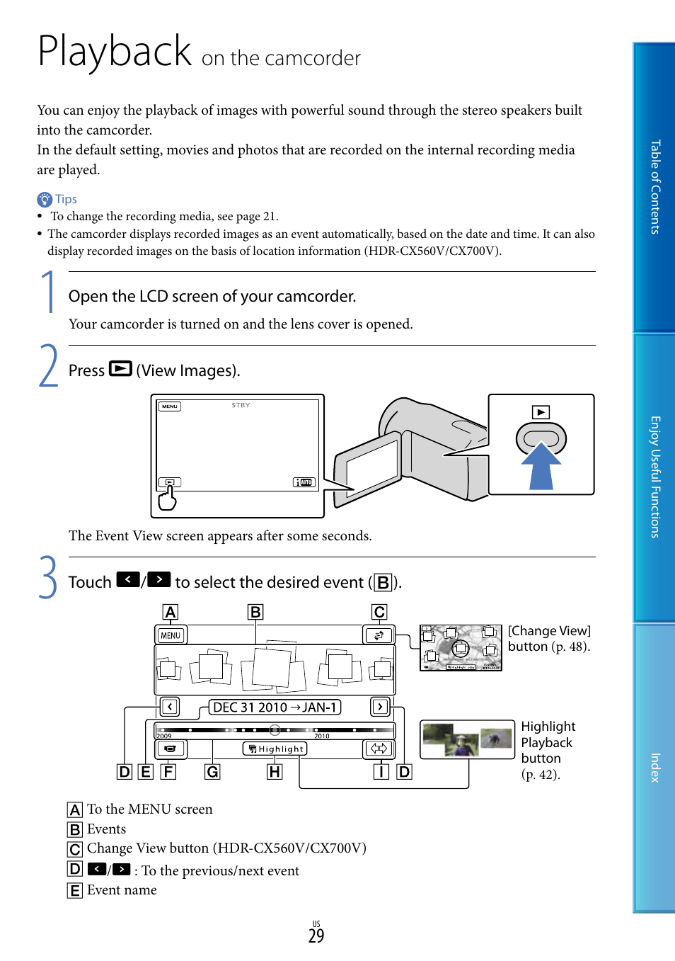 Playback on the camcorder, Playback, On.the.camcorder | Sony HDR-CX700V User Manual | Page 29 / 128