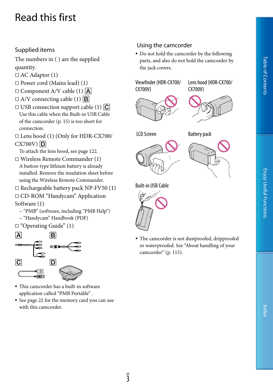 Read this first | Sony HDR-CX700V User Manual | Page 3 / 128