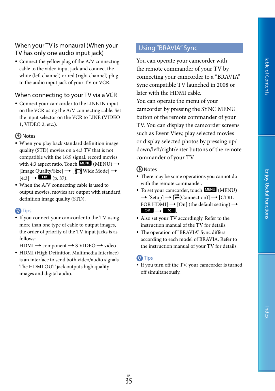 Using “bravia” sync, When connecting to your tv via a vcr | Sony HDR-CX700V User Manual | Page 35 / 128
