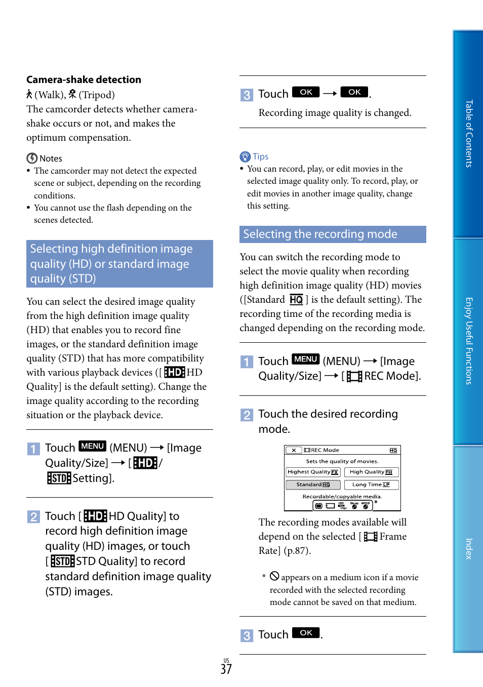 Selecting the recording mode, G (37), De (37) | Selecting high definition image quality (hd) | Sony HDR-CX700V User Manual | Page 37 / 128