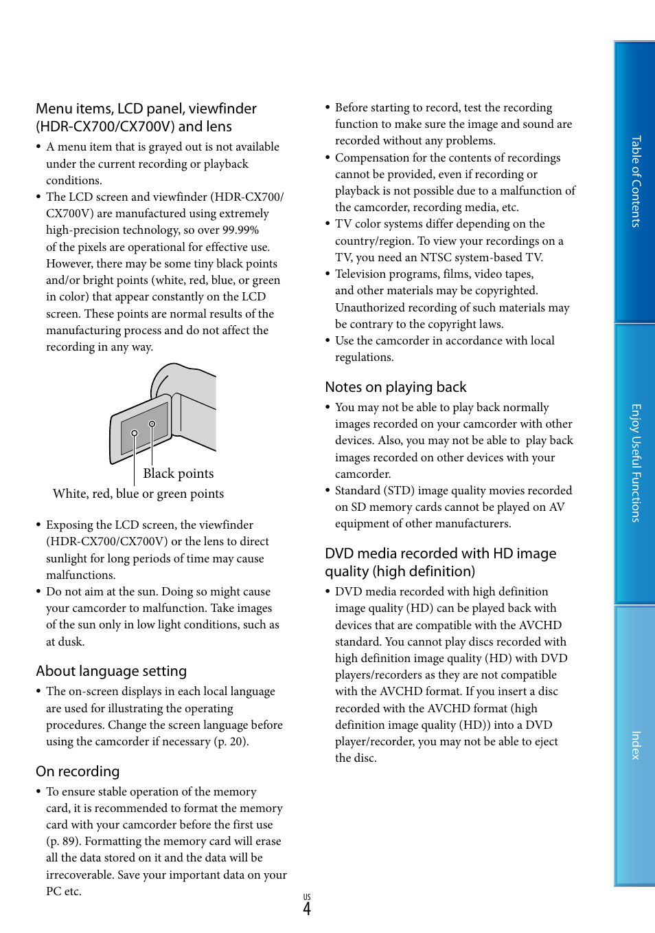 About language setting, On recording | Sony HDR-CX700V User Manual | Page 4 / 128