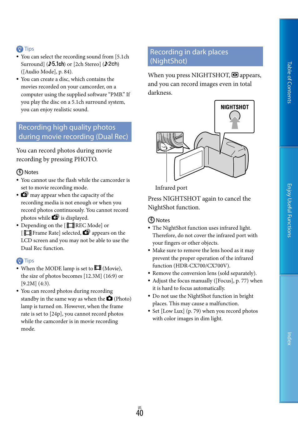 Recording in dark places (nightshot), T (40), C (40) | Sony HDR-CX700V User Manual | Page 40 / 128