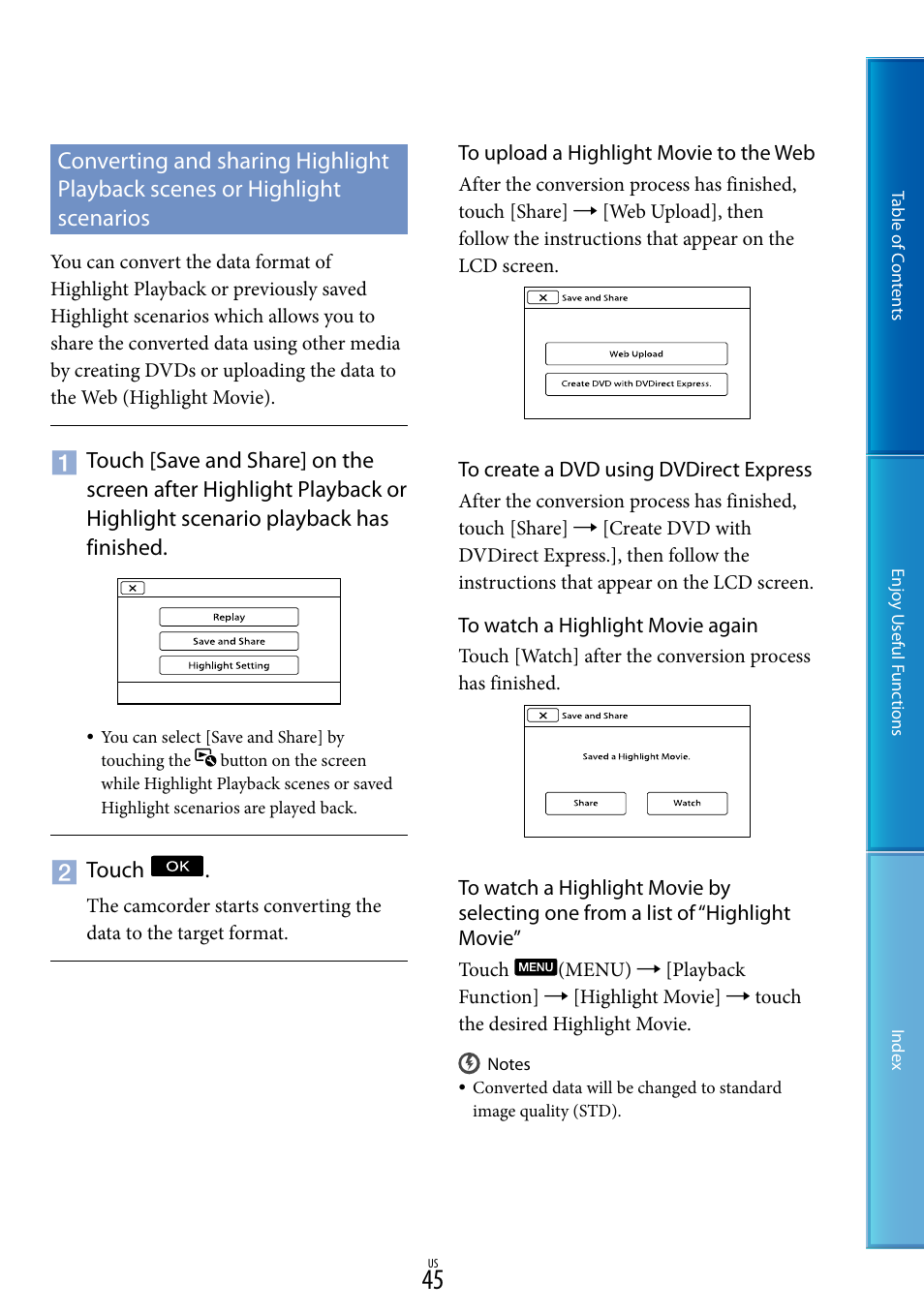 Converting and sharing highlight playback scenes, Or highlight scenarios | Sony HDR-CX700V User Manual | Page 45 / 128