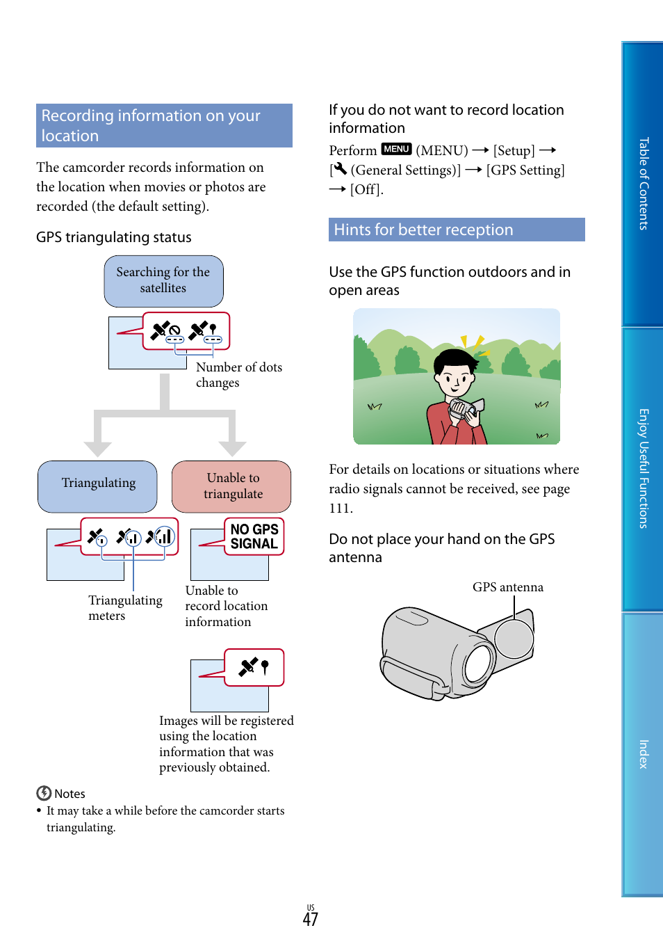 Recording information on your location, Hints for better reception | Sony HDR-CX700V User Manual | Page 47 / 128