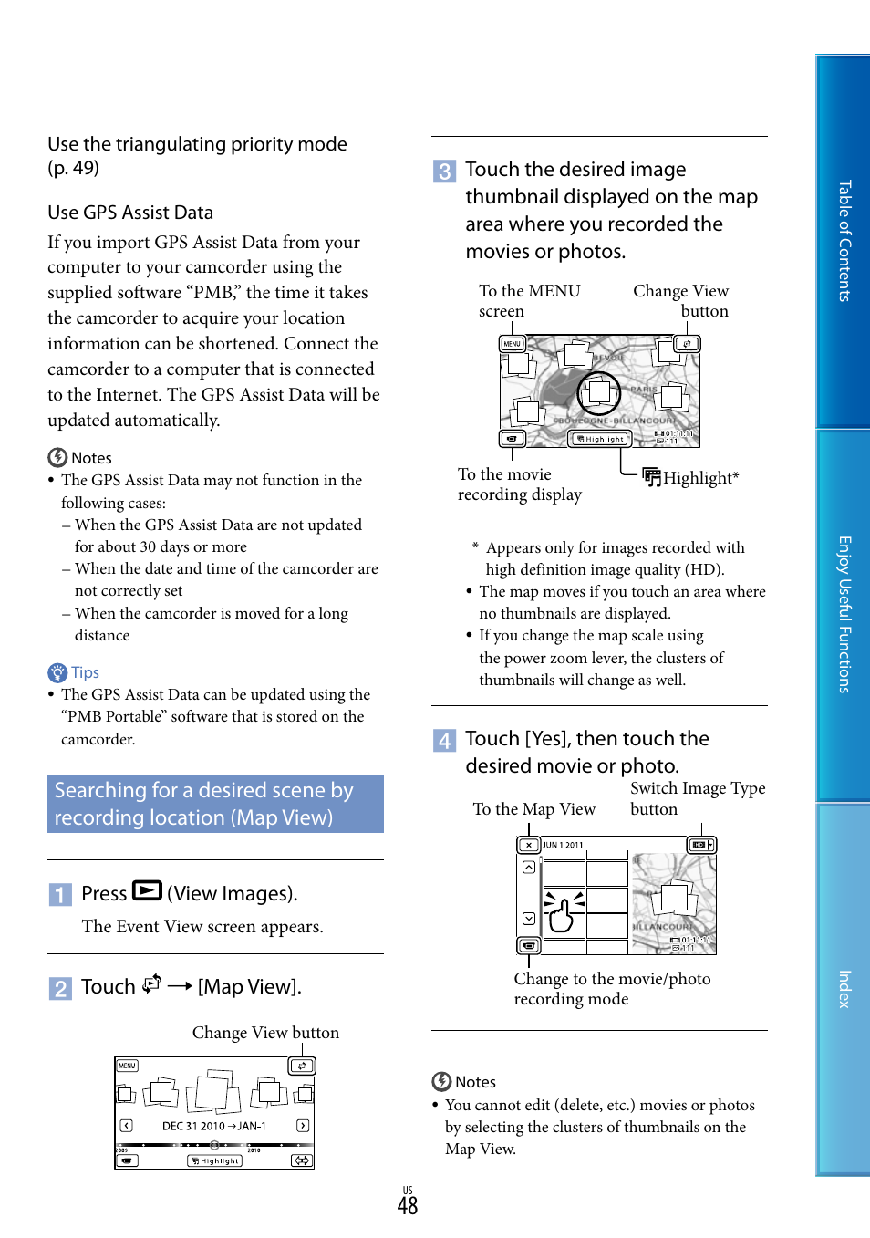 Press (view images), Touch  [map view, Touch [yes], then touch the desired movie or photo | Sony HDR-CX700V User Manual | Page 48 / 128