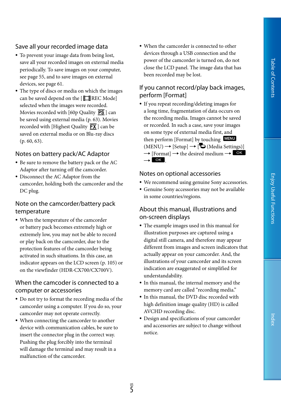 Save all your recorded image data | Sony HDR-CX700V User Manual | Page 5 / 128