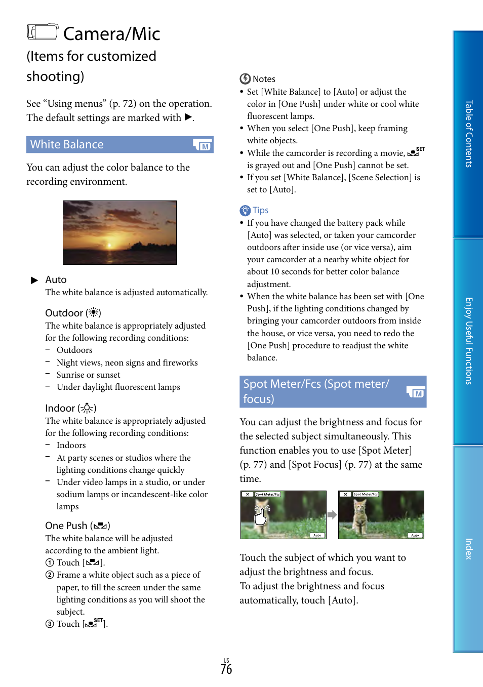 Camera/mic (items for customized shooting), Camera/mic, Items for customized shooting) | White balance, Spot meter/fcs (spot meter/ focus) | Sony HDR-CX700V User Manual | Page 76 / 128