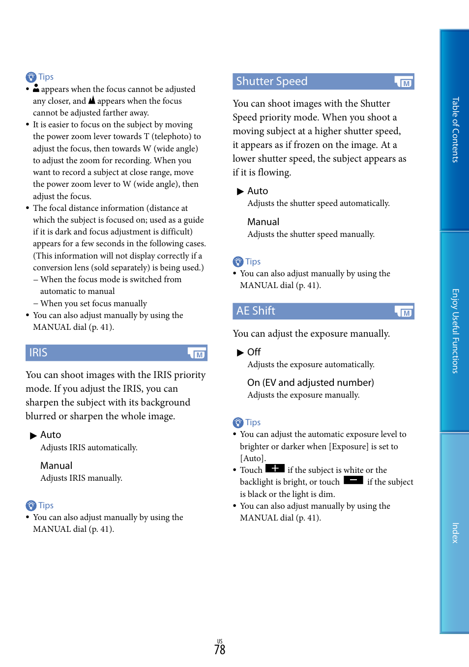 Iris, Shutter speed, Ae shift | Sony HDR-CX700V User Manual | Page 78 / 128