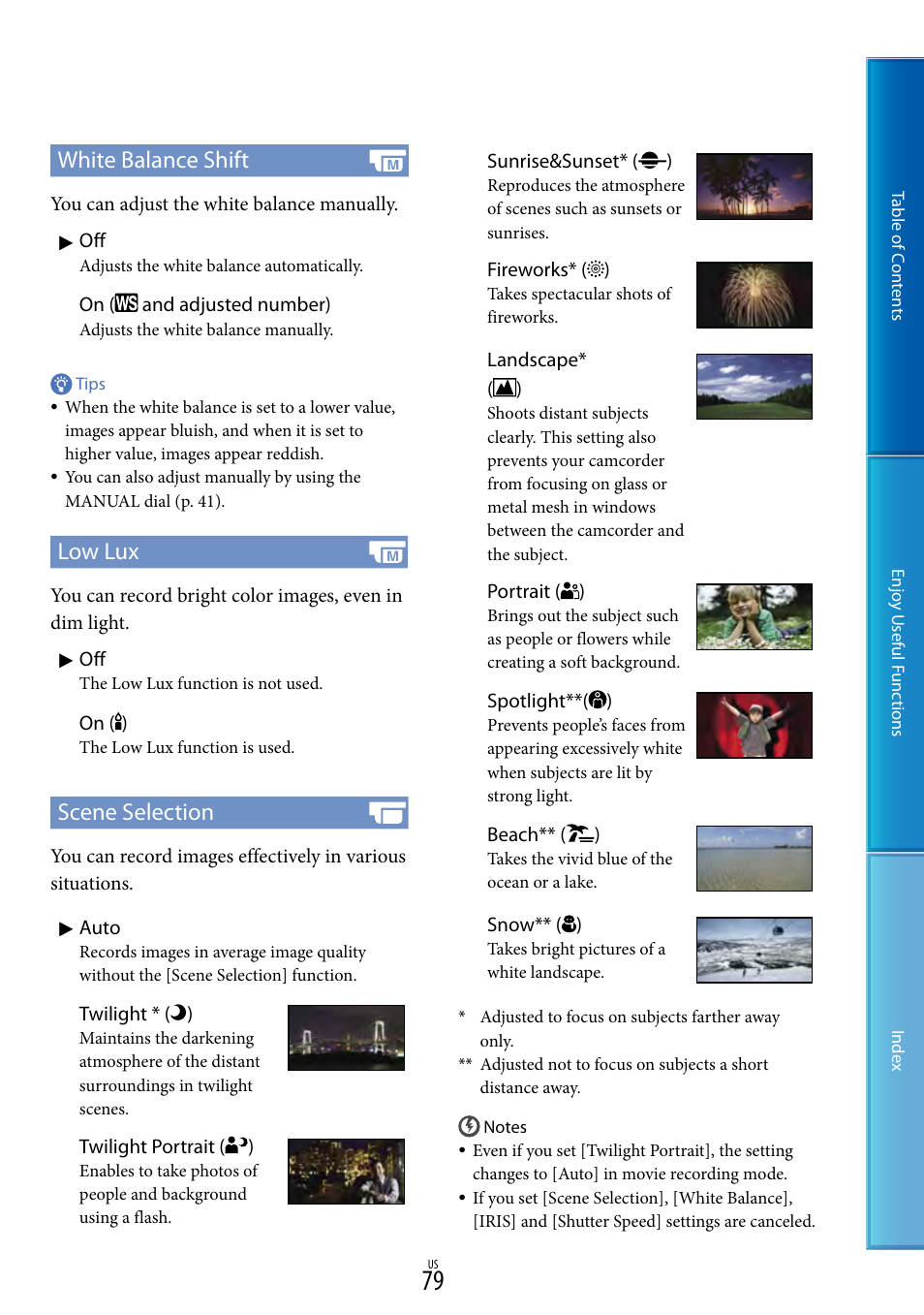 Ux (79), Ks (79), Et (79) | White balance shift, Low lux, Scene selection | Sony HDR-CX700V User Manual | Page 79 / 128