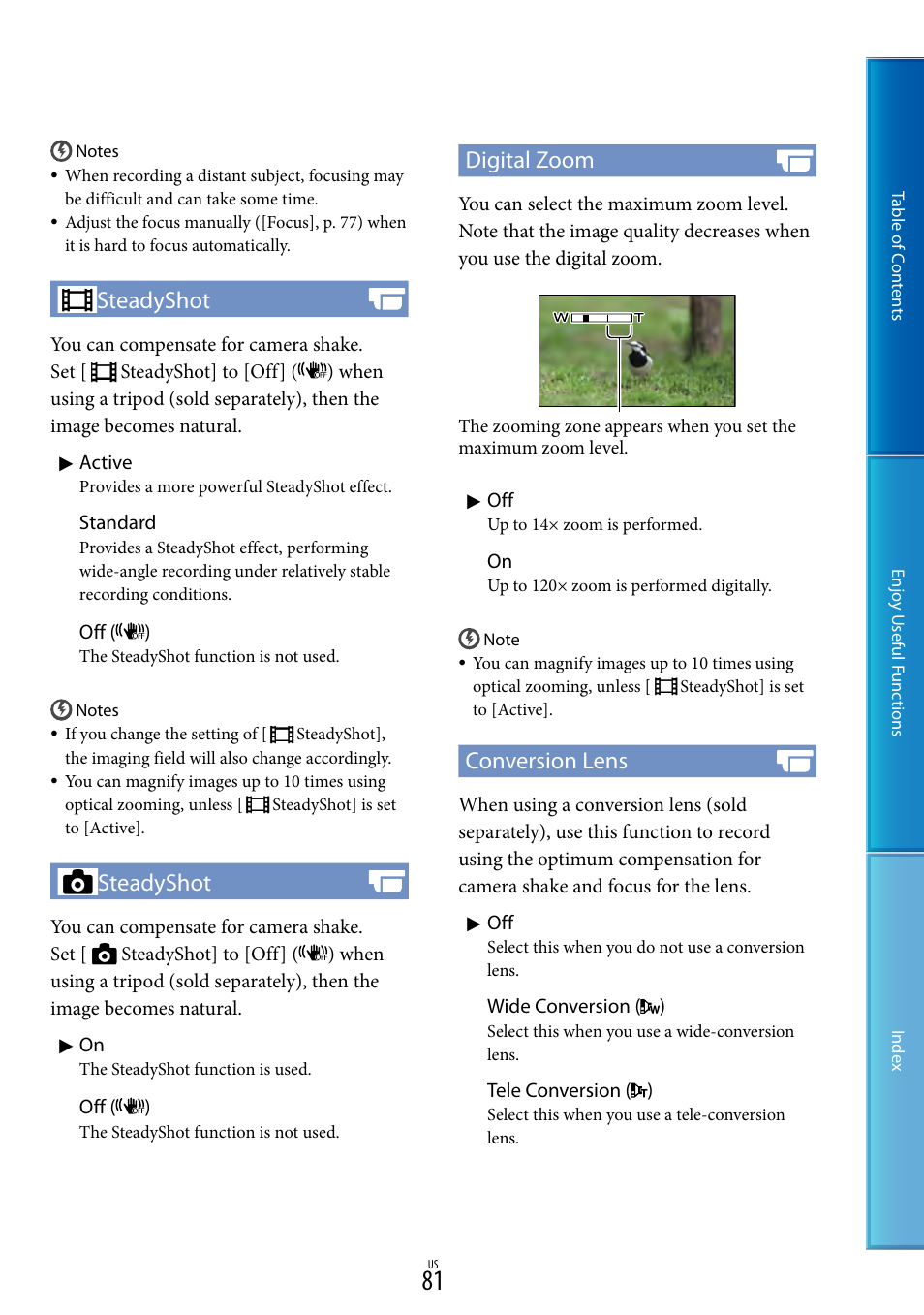 Steadyshot, Digital zoom, Conversion lens | Sony HDR-CX700V User Manual | Page 81 / 128