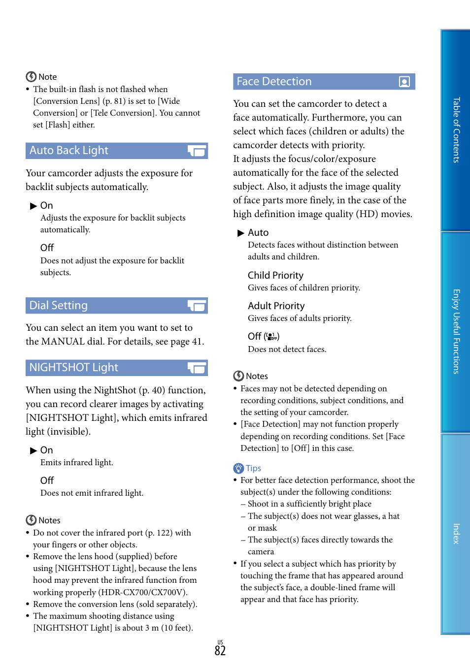 82) h, 82). w, Auto back light | Dial setting, Nightshot light, Face detection | Sony HDR-CX700V User Manual | Page 82 / 128