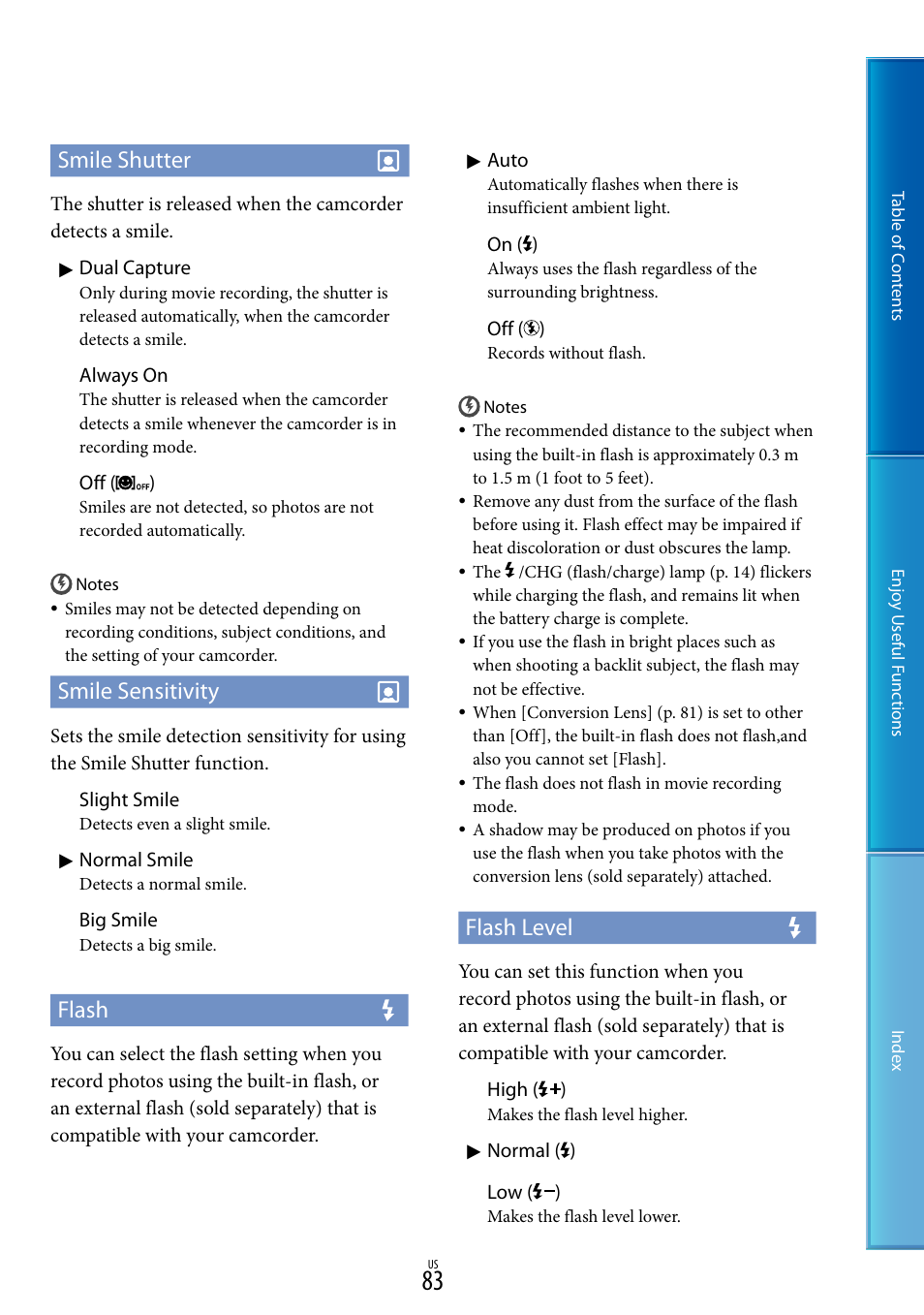 83). w, E 83). a, Smile shutter | Smile sensitivity, Flash, Flash level | Sony HDR-CX700V User Manual | Page 83 / 128