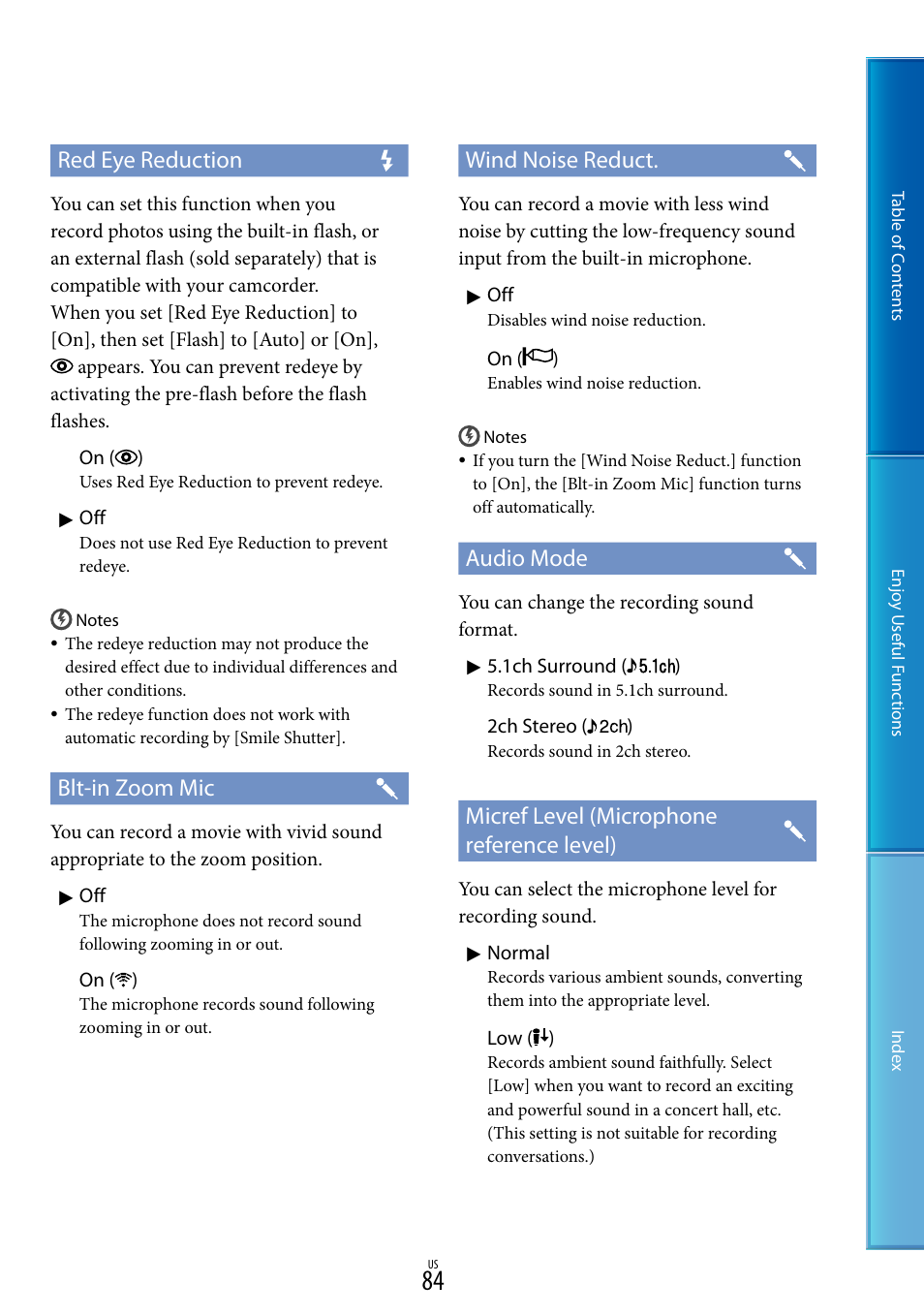 Red eye reduction, Blt-in zoom mic, Wind noise reduct | Audio mode, Micref level (microphone reference level) | Sony HDR-CX700V User Manual | Page 84 / 128