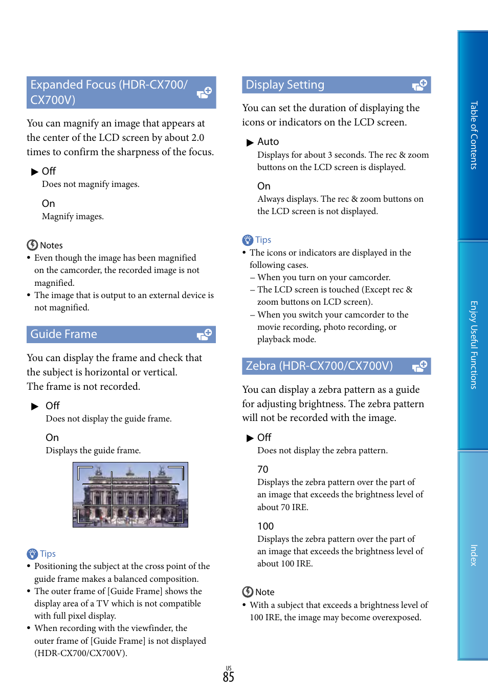 85), a, Guide frame, Display setting | Sony HDR-CX700V User Manual | Page 85 / 128