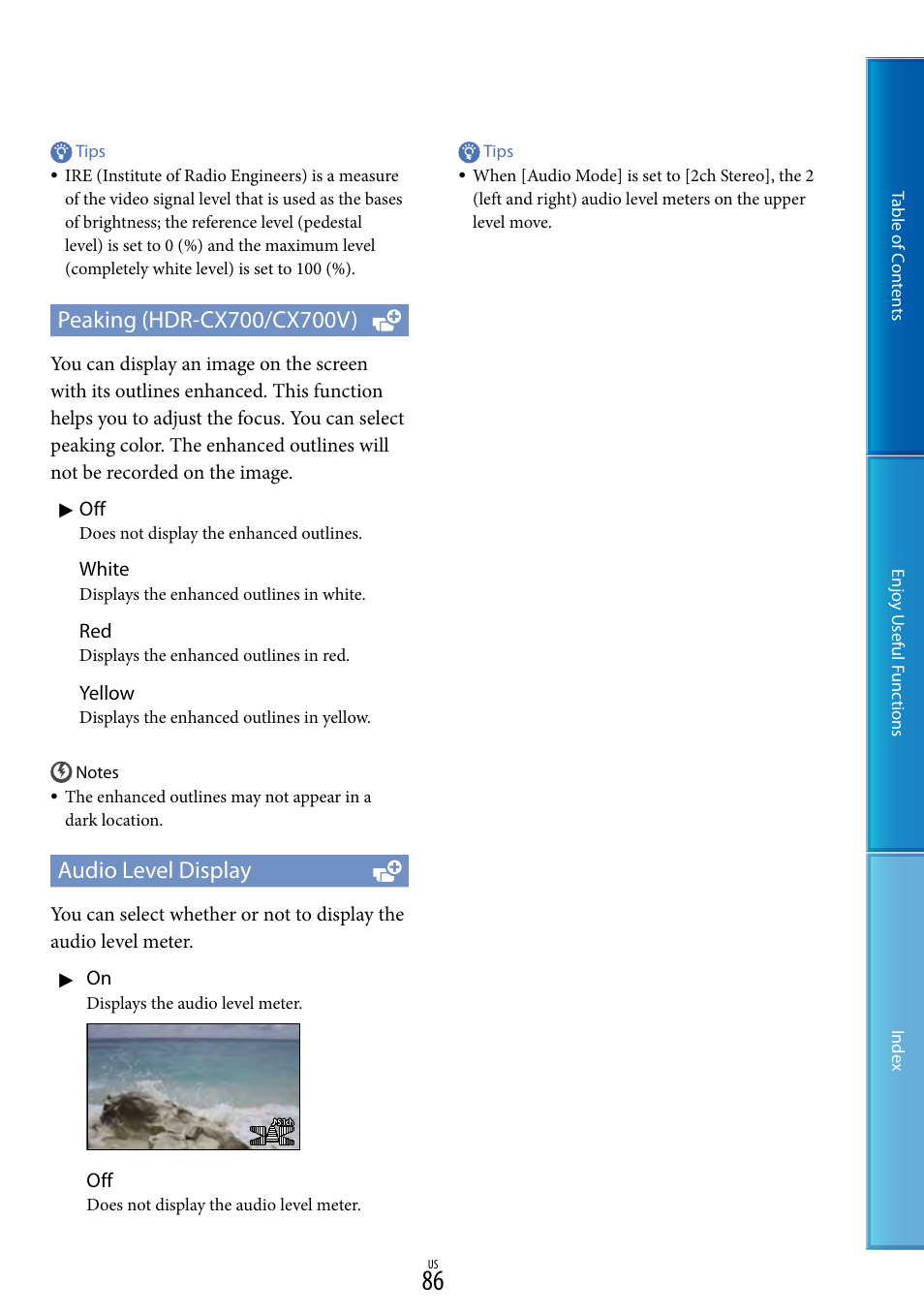 Audio level display | Sony HDR-CX700V User Manual | Page 86 / 128