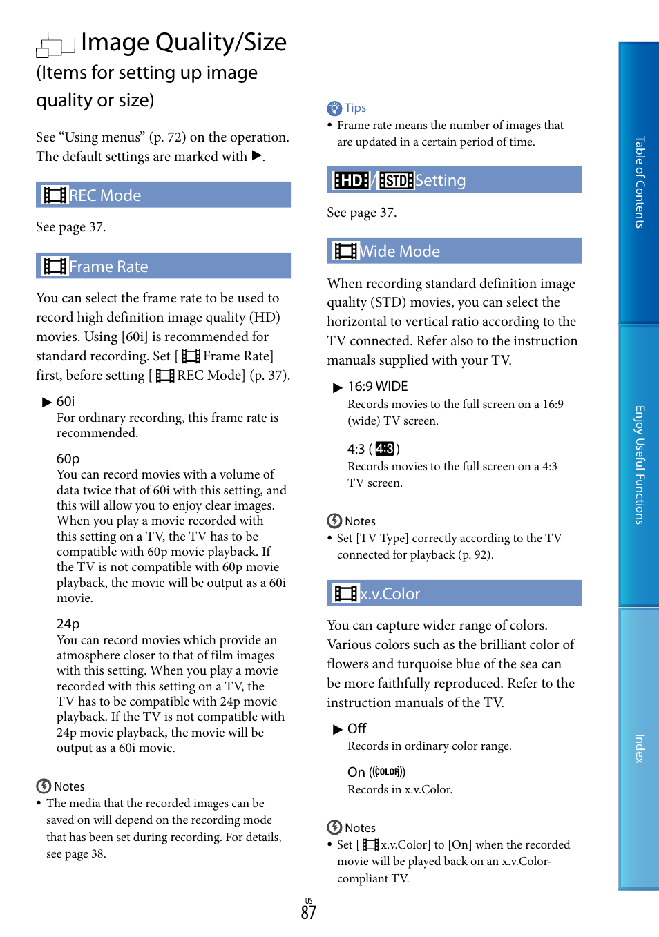 Image quality/size, Items for setting up image quality or size), Rec mode | Frame rate, Setting, Wide mode, X.v.color | Sony HDR-CX700V User Manual | Page 87 / 128