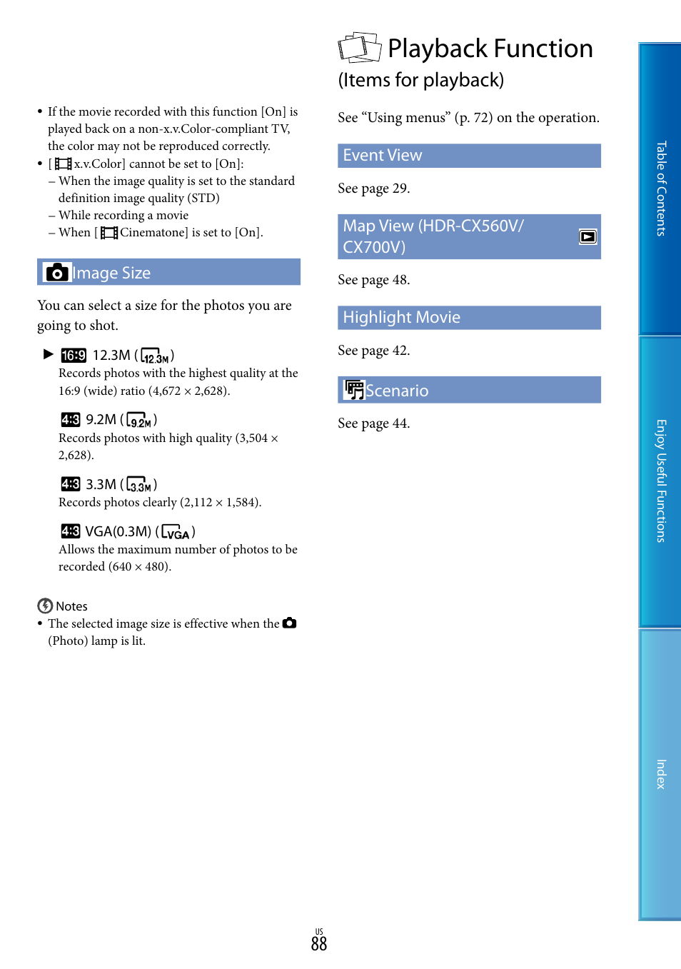 Playback function (items for playback), Playback function, Items for playback) | Image size, Event view, Highlight movie, Scenario | Sony HDR-CX700V User Manual | Page 88 / 128