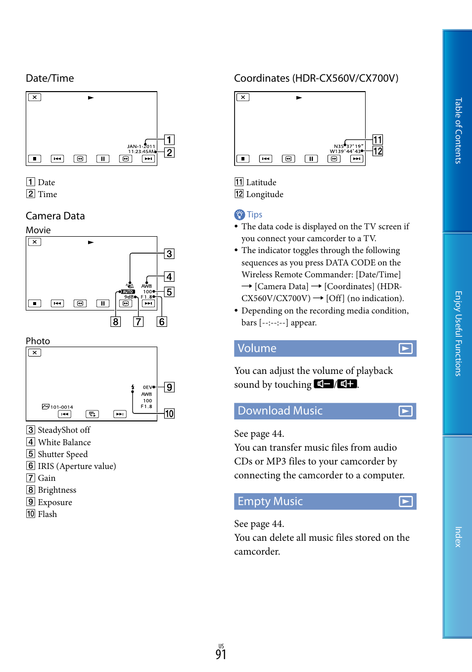 Volume, Download music, Empty music | Date/time, Camera data | Sony HDR-CX700V User Manual | Page 91 / 128