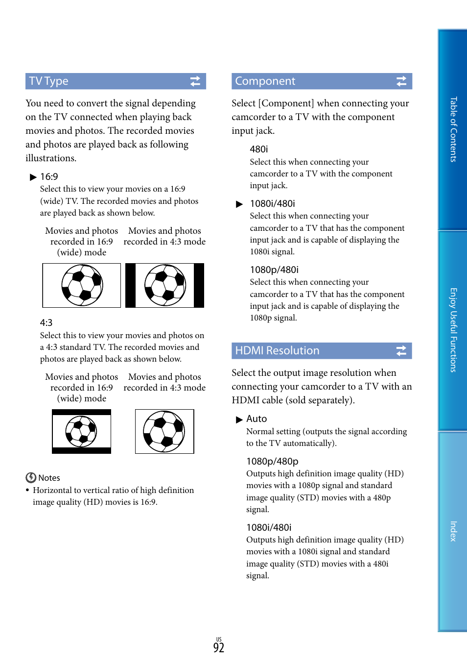 Tv type, Component, Hdmi resolution | Sony HDR-CX700V User Manual | Page 92 / 128