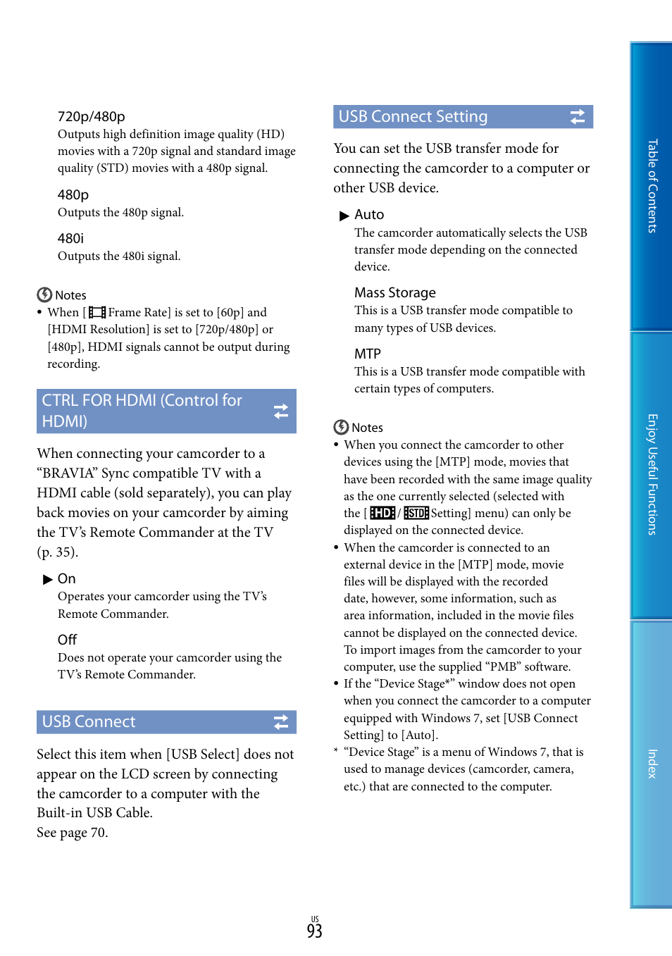 Ctrl for hdmi (control for hdmi), Usb connect, Usb connect setting | Sony HDR-CX700V User Manual | Page 93 / 128