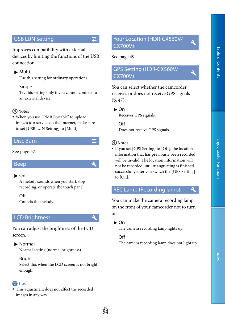 Usb lun setting, Disc burn, Beep | Lcd brightness, Rec lamp (recording lamp) | Sony HDR-CX700V User Manual | Page 94 / 128