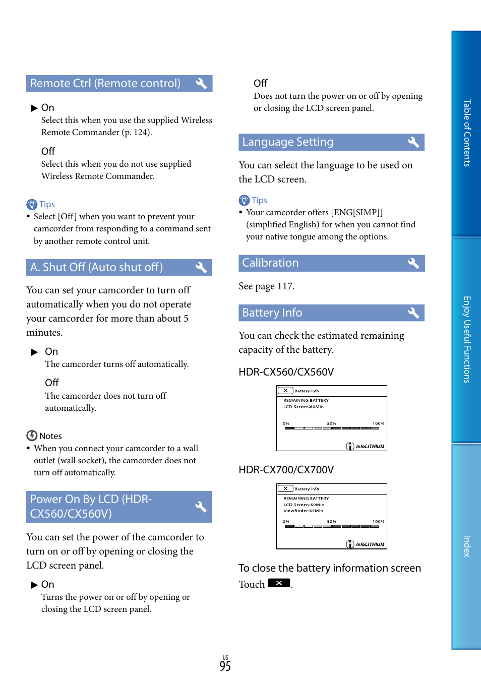 Remote ctrl (remote control), A. shut off (auto shut off), Language setting | Calibration, Battery info | Sony HDR-CX700V User Manual | Page 95 / 128