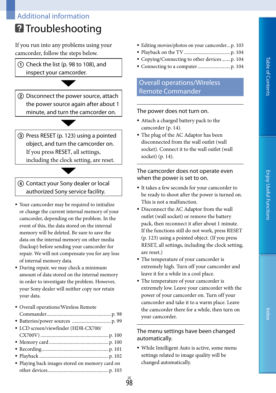 Additional information, Troubleshooting, Overall operations/wireless remote commander | Sony HDR-CX700V User Manual | Page 98 / 128