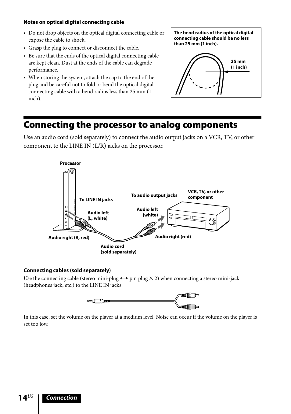 Connecting the processor to analog components, Connection | Sony MDR-DS6500 User Manual | Page 14 / 88