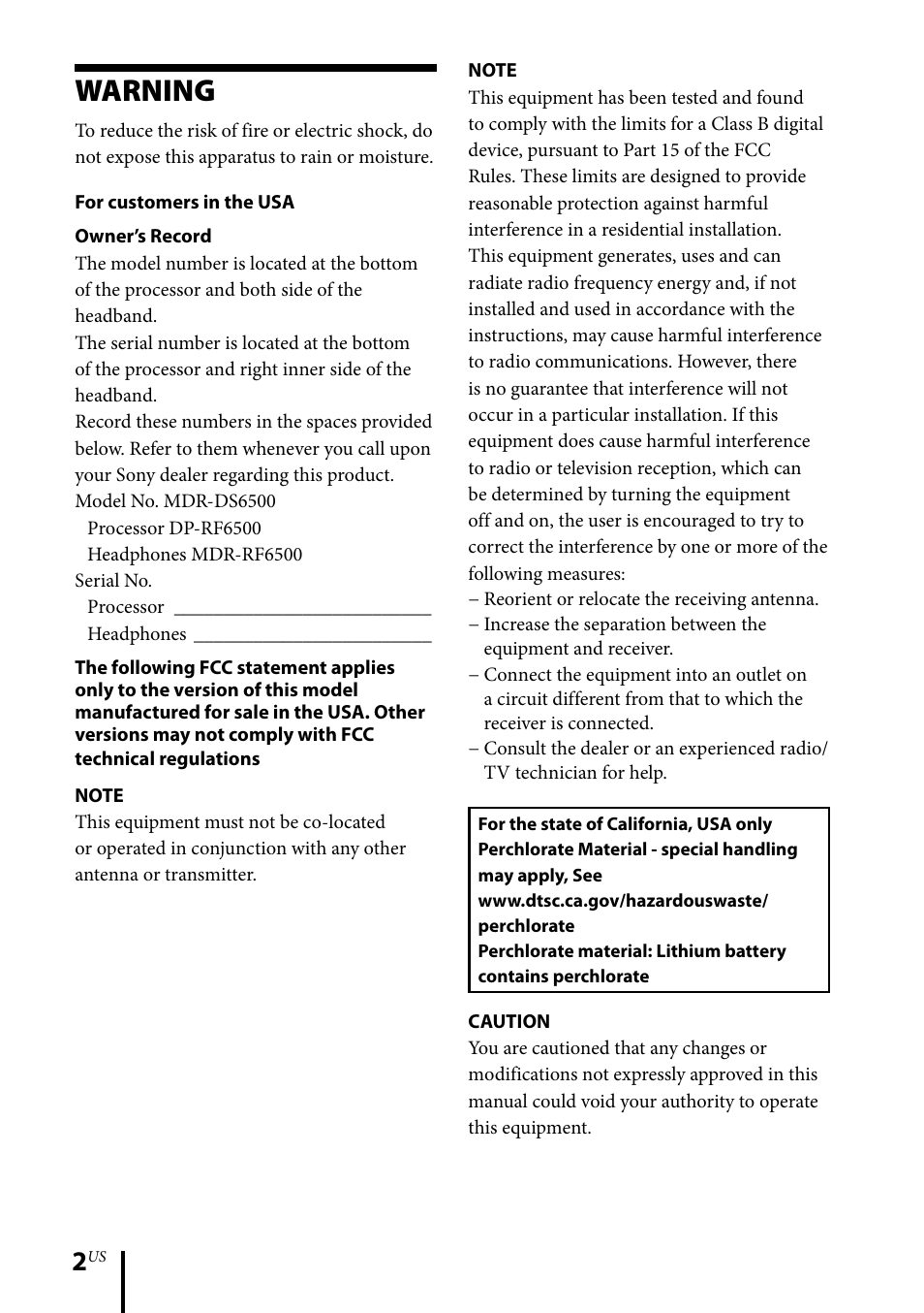Warning | Sony MDR-DS6500 User Manual | Page 2 / 88