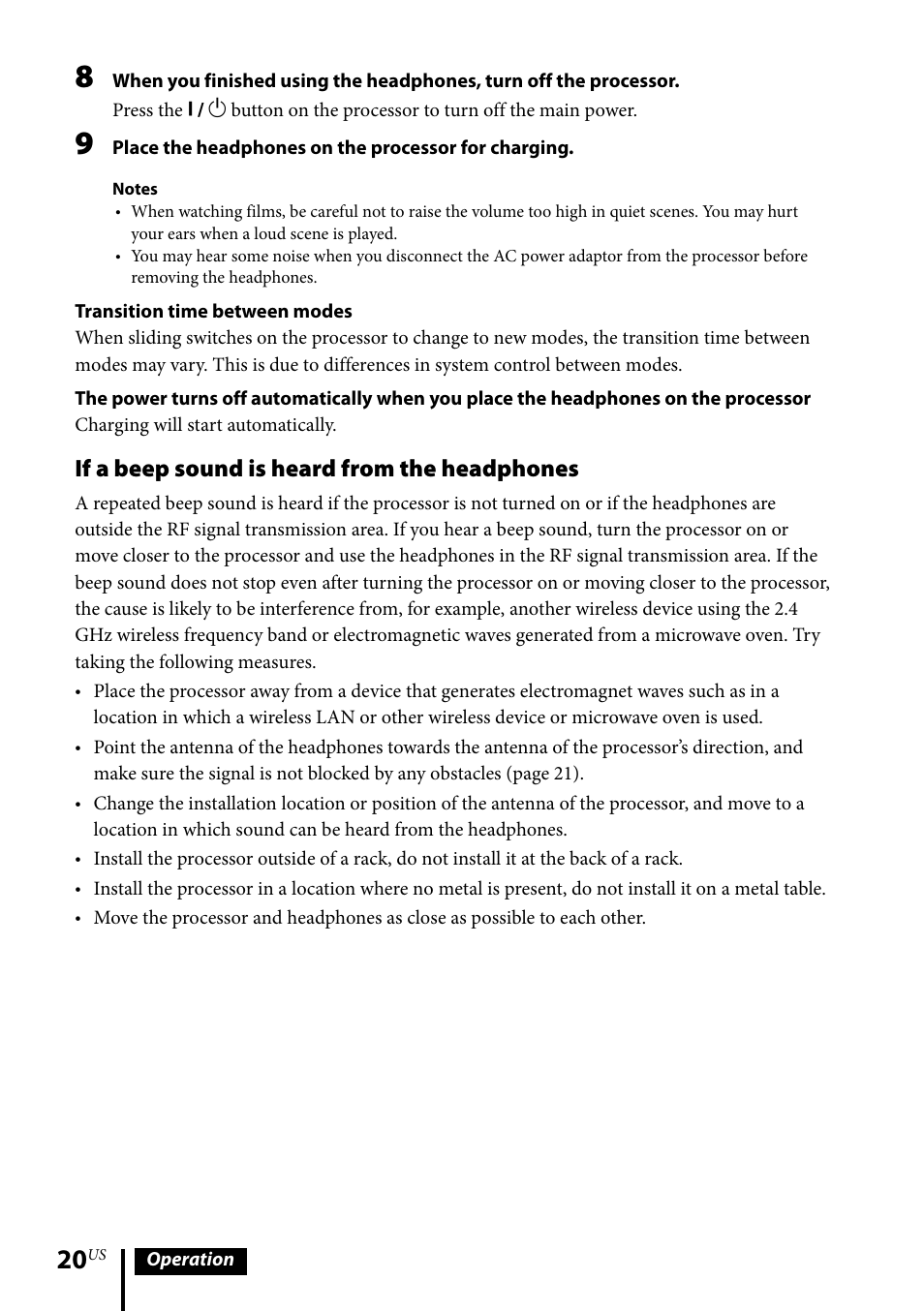If a beep sound is heard from the headphones | Sony MDR-DS6500 User Manual | Page 20 / 88