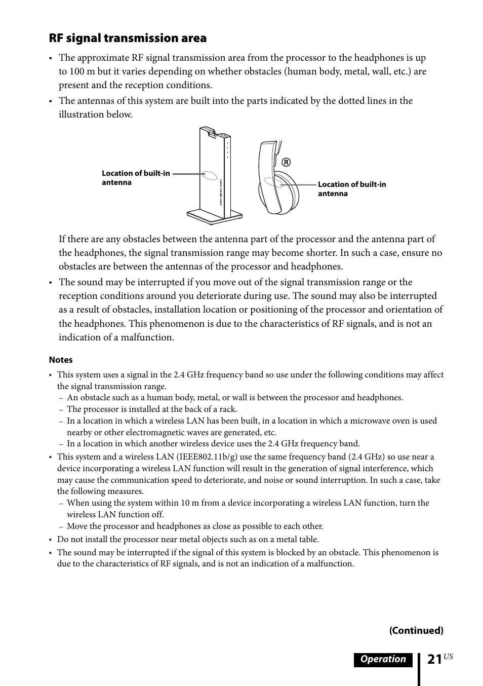 Rf signal transmission area, Operation (continued) | Sony MDR-DS6500 User Manual | Page 21 / 88