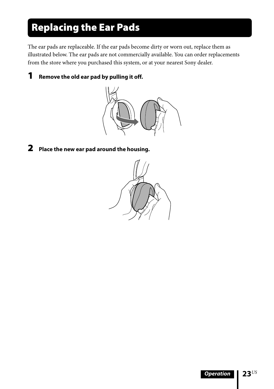 Replacing the ear pads | Sony MDR-DS6500 User Manual | Page 23 / 88