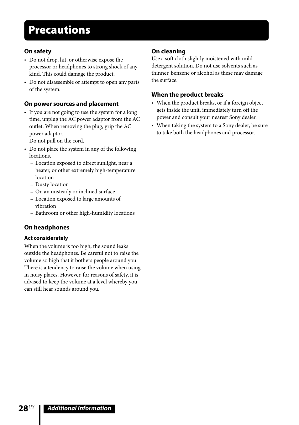 Precautions, Additional information on safety, On power sources and placement | On headphones, On cleaning, When the product breaks | Sony MDR-DS6500 User Manual | Page 28 / 88