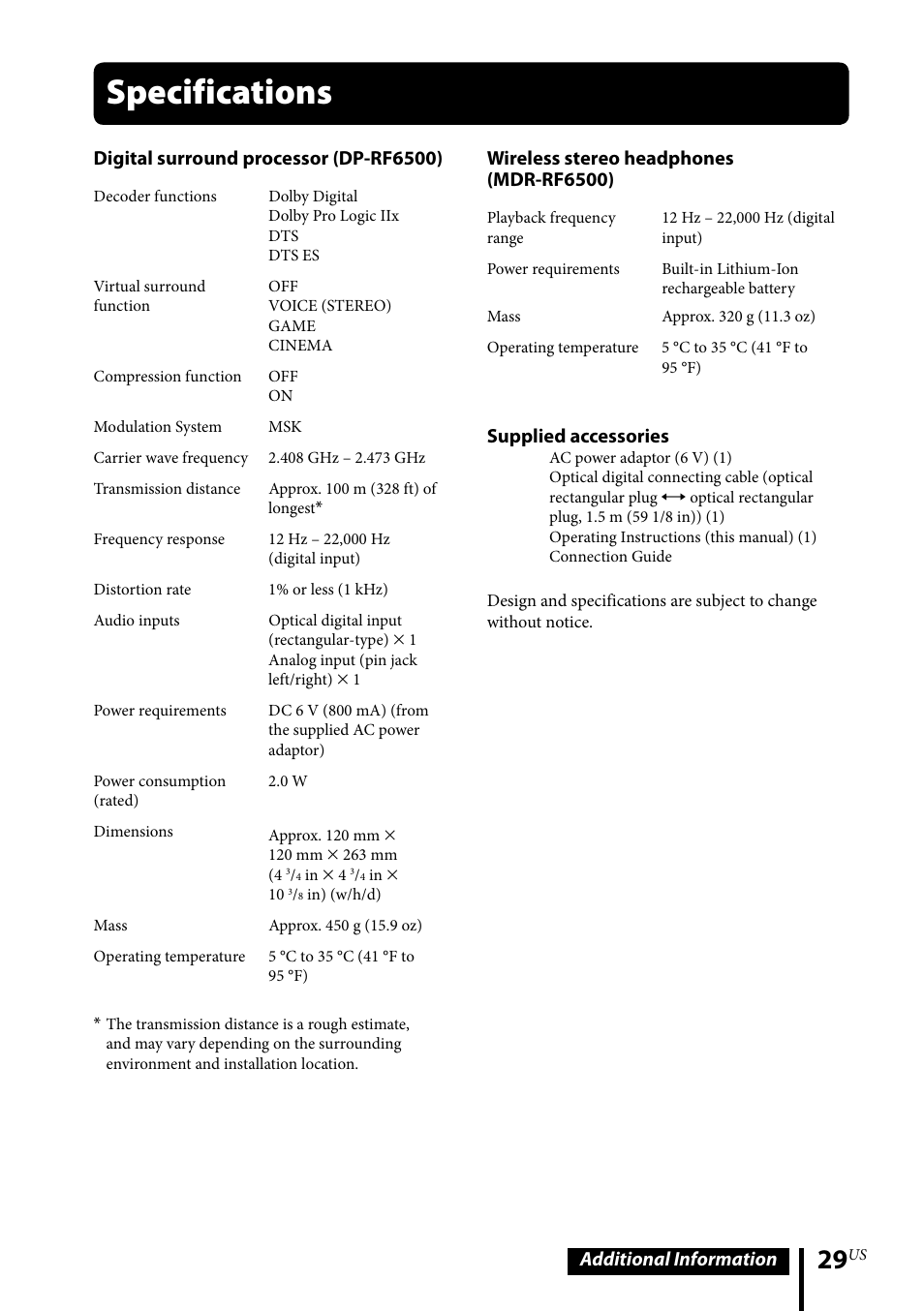 Specifications | Sony MDR-DS6500 User Manual | Page 29 / 88