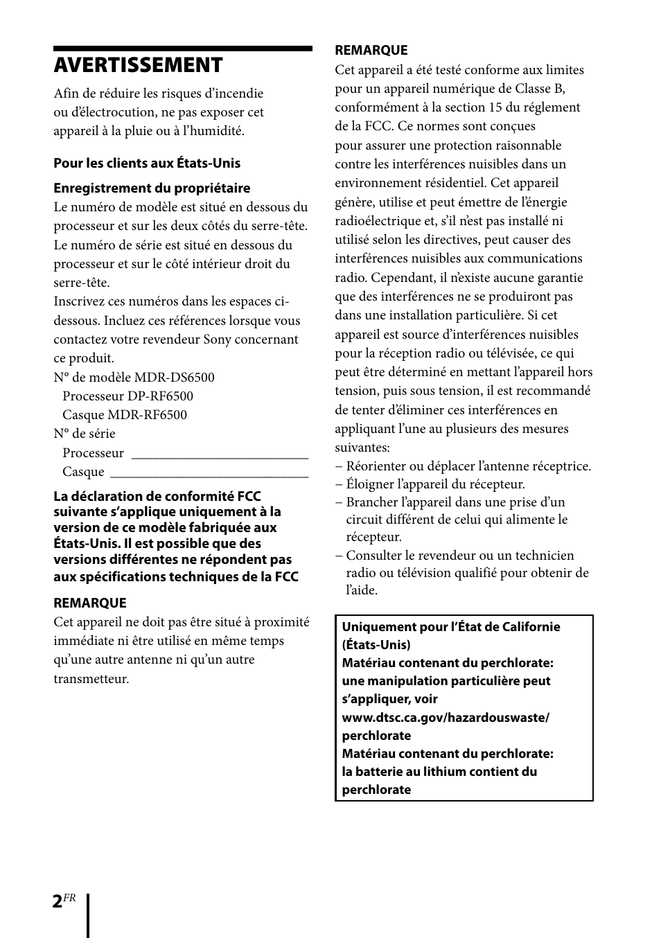 Avertissement | Sony MDR-DS6500 User Manual | Page 30 / 88