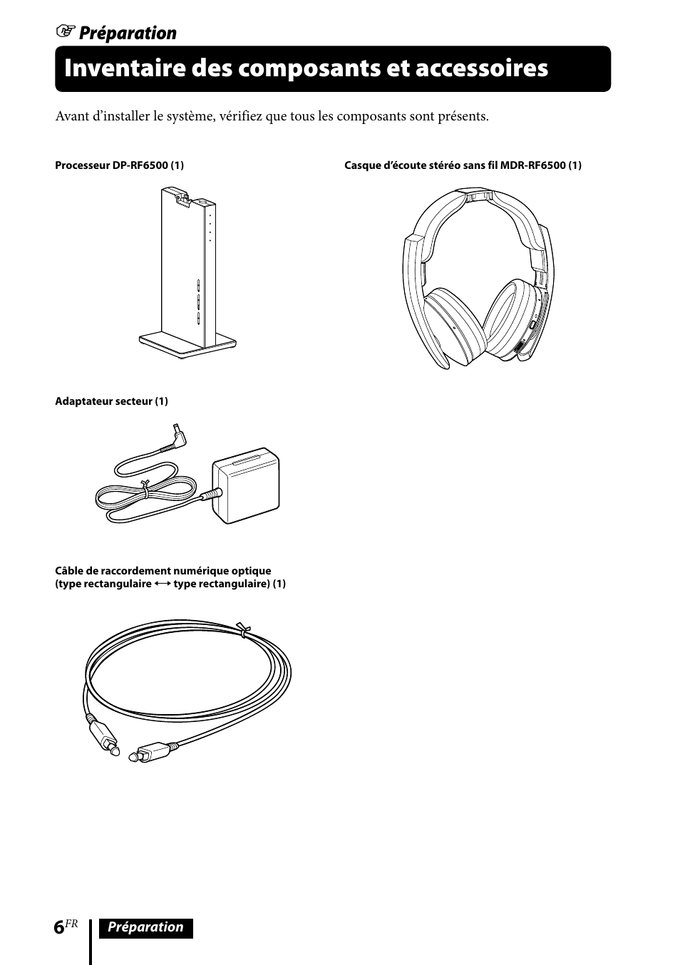 Inventaire des composants et accessoires, Préparation | Sony MDR-DS6500 User Manual | Page 34 / 88