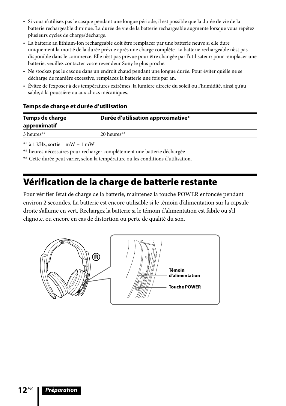 Vérification de la charge de batterie restante, Préparation, Temps de charge et durée d’utilisation | Sony MDR-DS6500 User Manual | Page 40 / 88