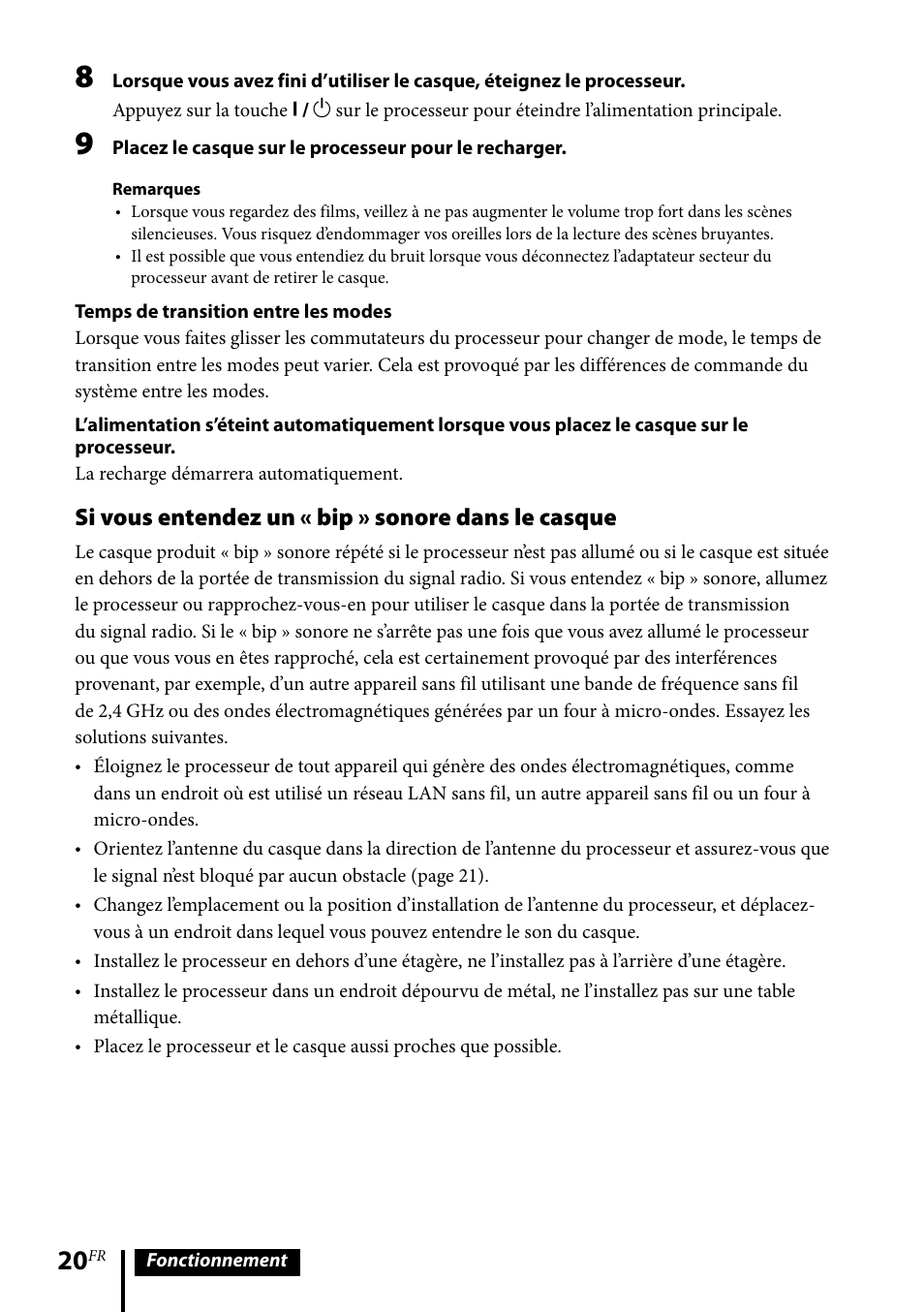 Si vous entendez un « bip » sonore dans le casque | Sony MDR-DS6500 User Manual | Page 48 / 88