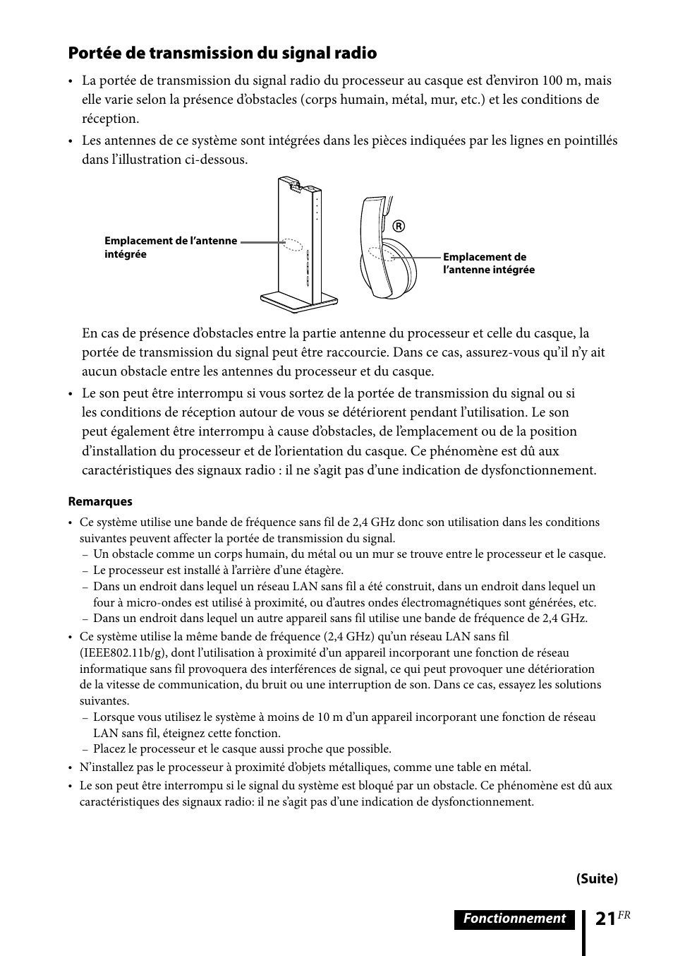 Portée de transmission du signal radio, Fonctionnement (suite) | Sony MDR-DS6500 User Manual | Page 49 / 88