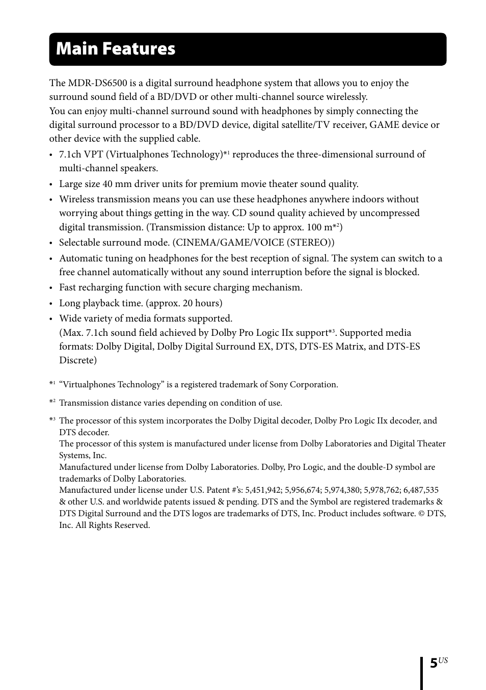 Main features | Sony MDR-DS6500 User Manual | Page 5 / 88