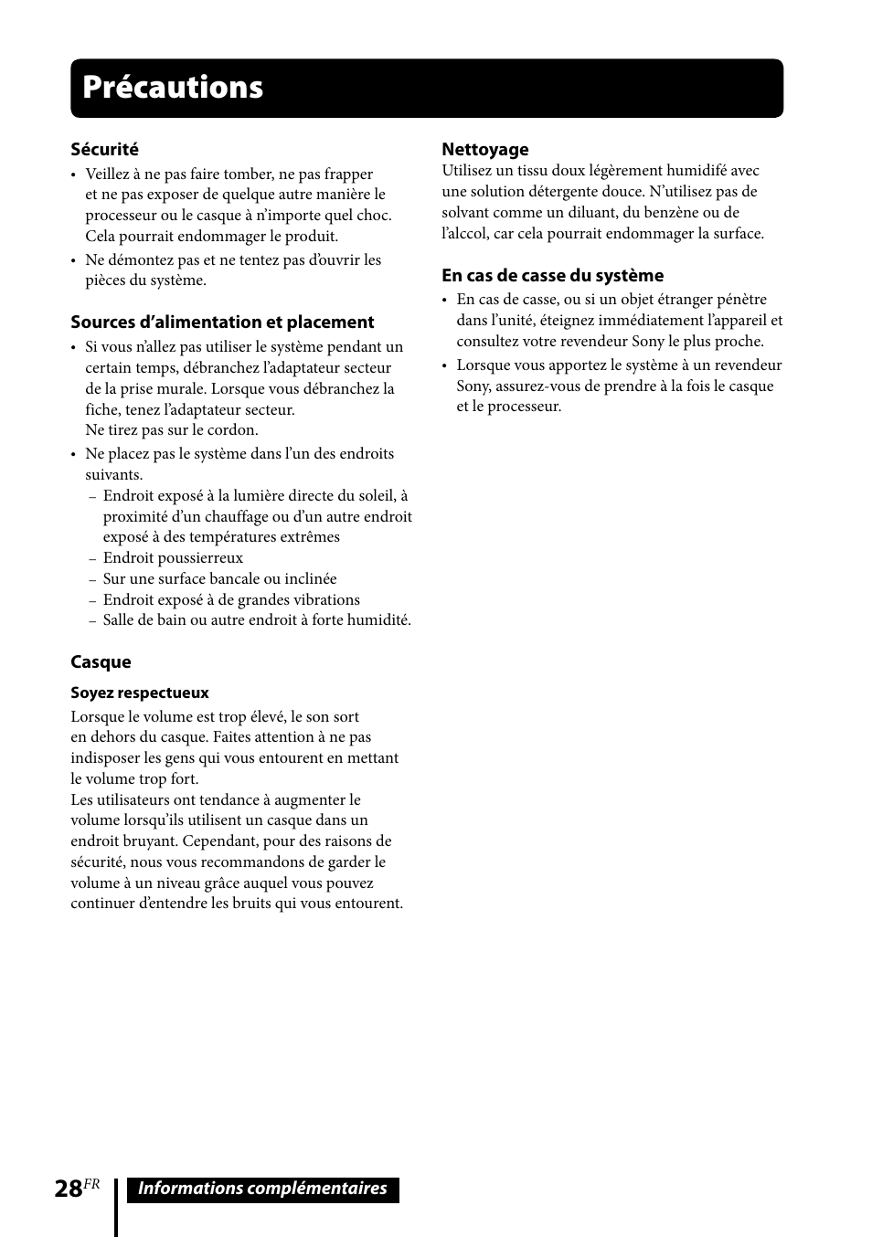 Précautions, Informations complémentaires sécurité, Sources d’alimentation et placement | Casque, Nettoyage, En cas de casse du système | Sony MDR-DS6500 User Manual | Page 56 / 88