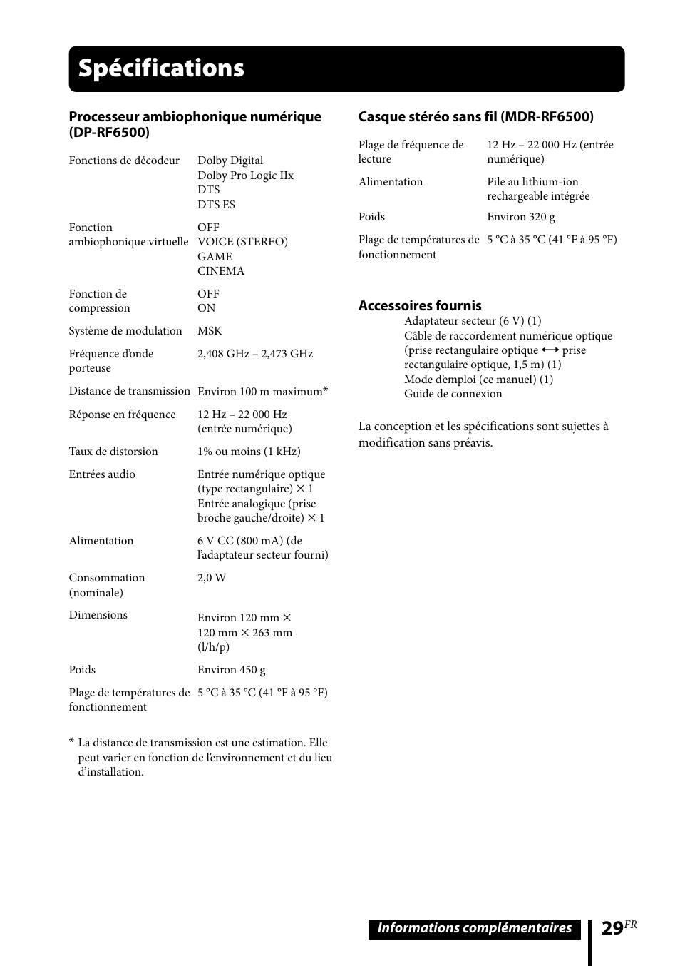 Spécifications | Sony MDR-DS6500 User Manual | Page 57 / 88
