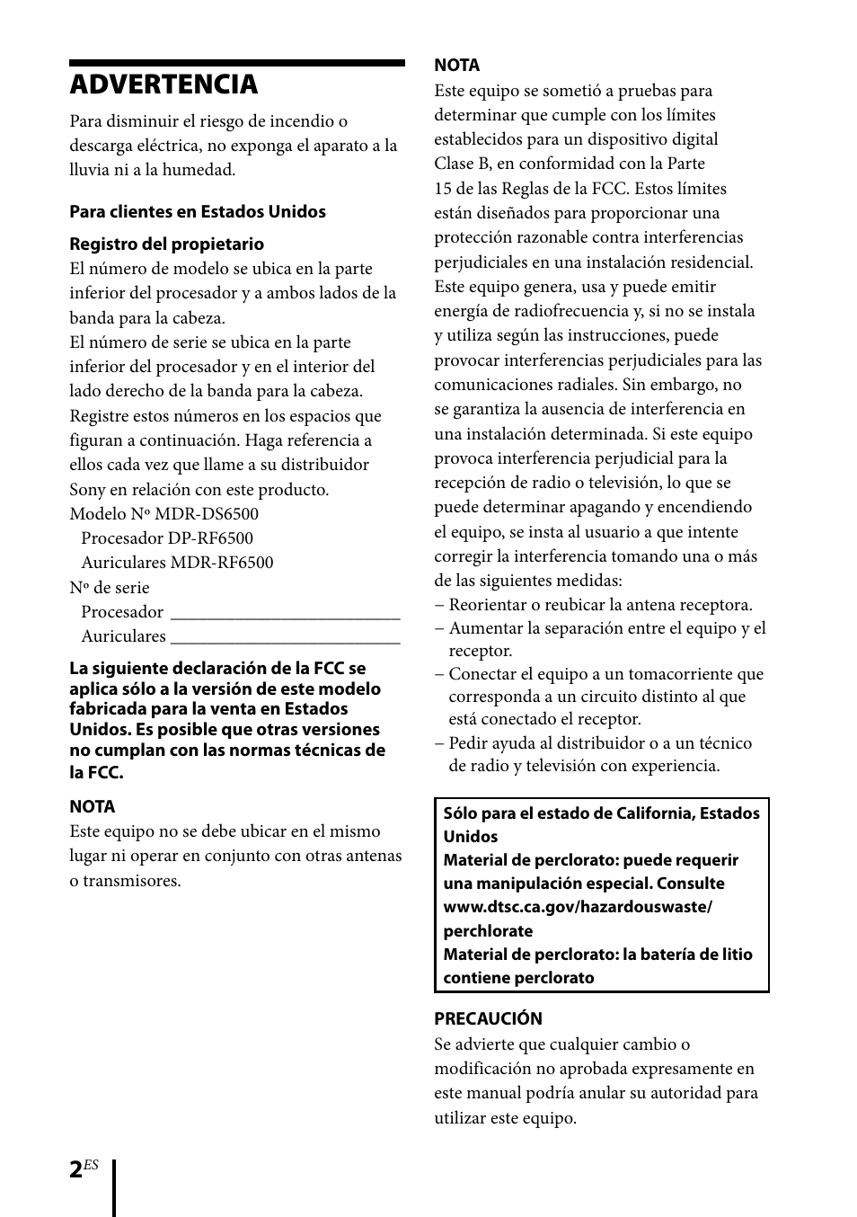 Advertencia | Sony MDR-DS6500 User Manual | Page 58 / 88