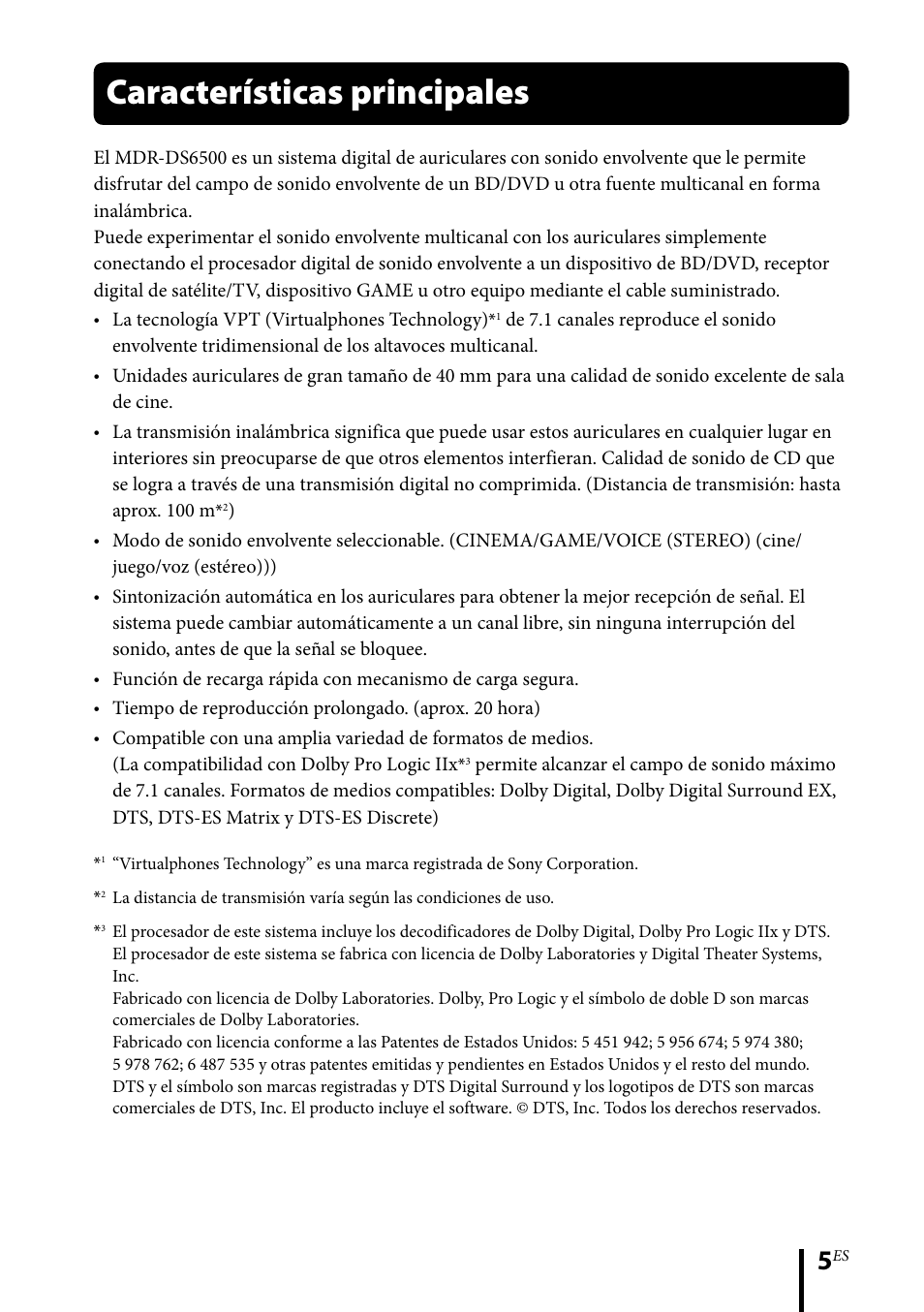 Características principales | Sony MDR-DS6500 User Manual | Page 61 / 88