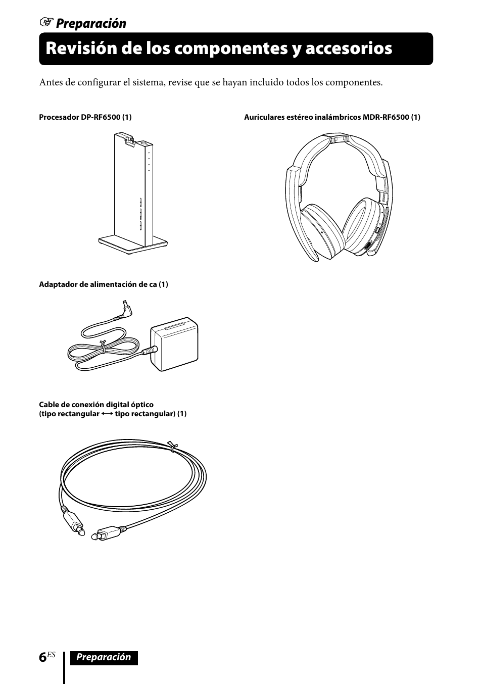Revisión de los componentes y accesorios, Preparación | Sony MDR-DS6500 User Manual | Page 62 / 88