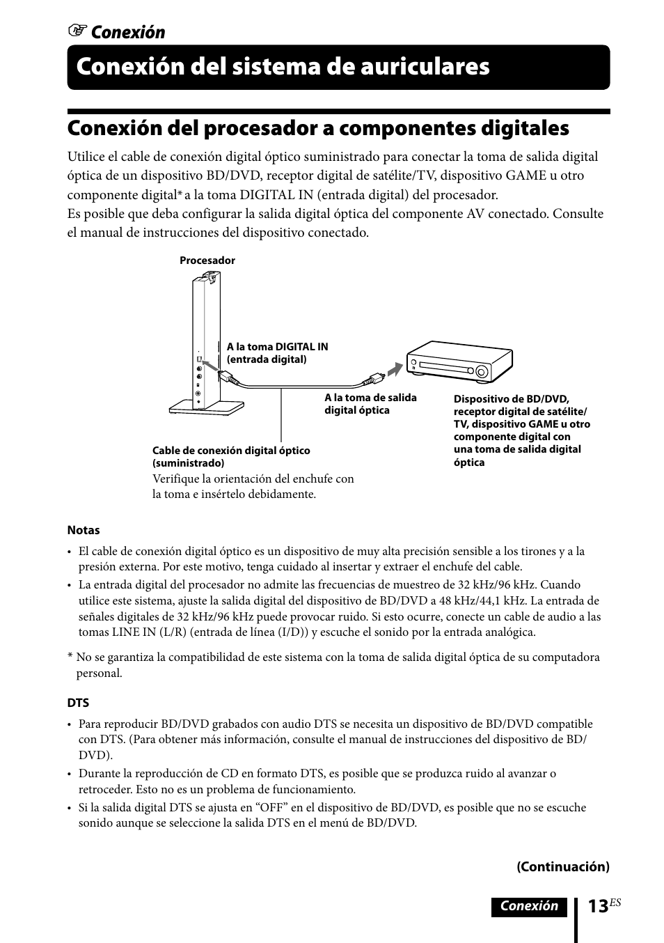 Conexión del sistema de auriculares, Conexión del procesador a componentes digitales, Conexión | Sony MDR-DS6500 User Manual | Page 69 / 88